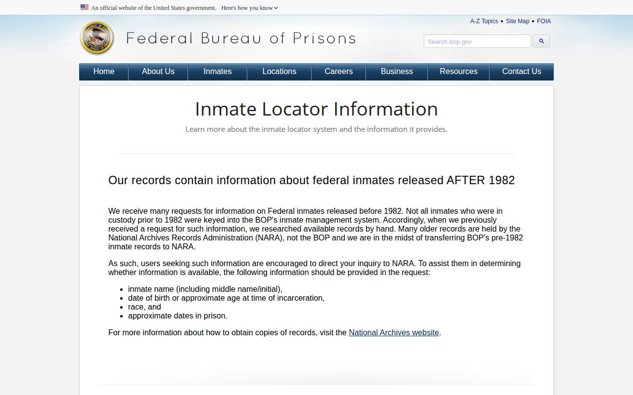Federal Bureau of Prisons inmate locator records explanation
